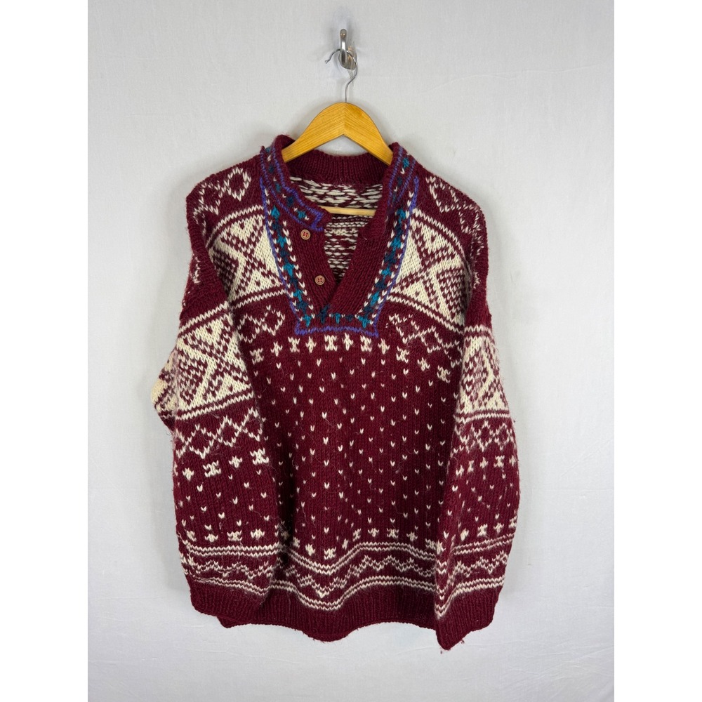 Handmade Wool Fair Isle Nordic Henley Sweater Burgundy Cream XL